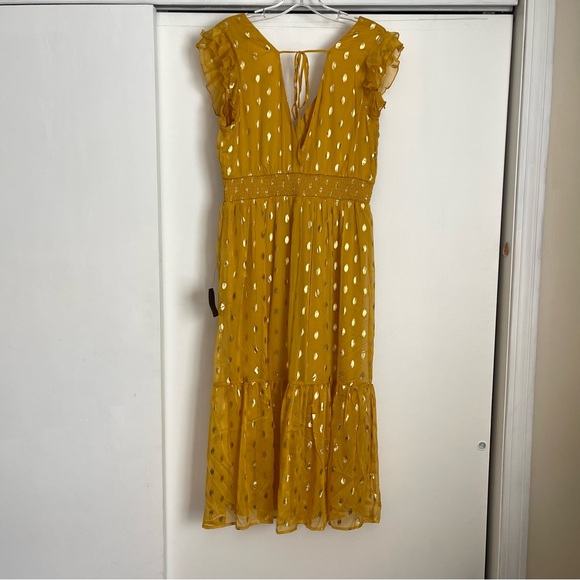 Lulus Yellow and Gold Dot Ruffled Tiered Midi Dress - Picture 3 of 4